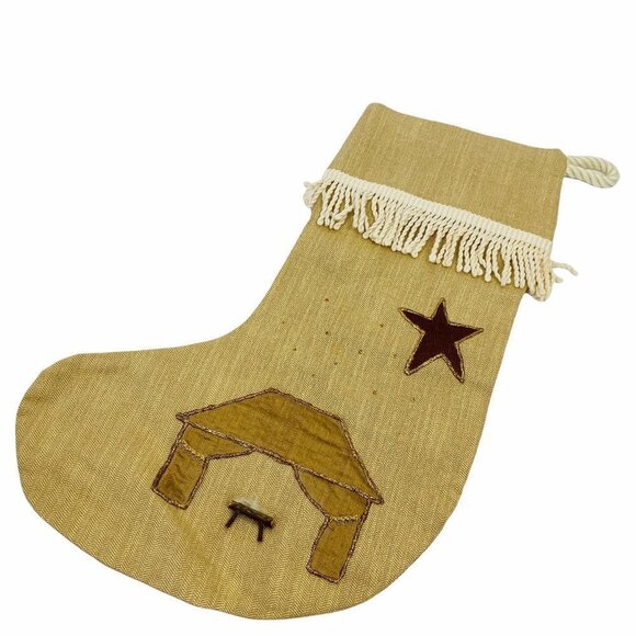 Minimalist Christmas Nativity Scene Stocking Wood Crib Fringe - Picture 1 of 9
